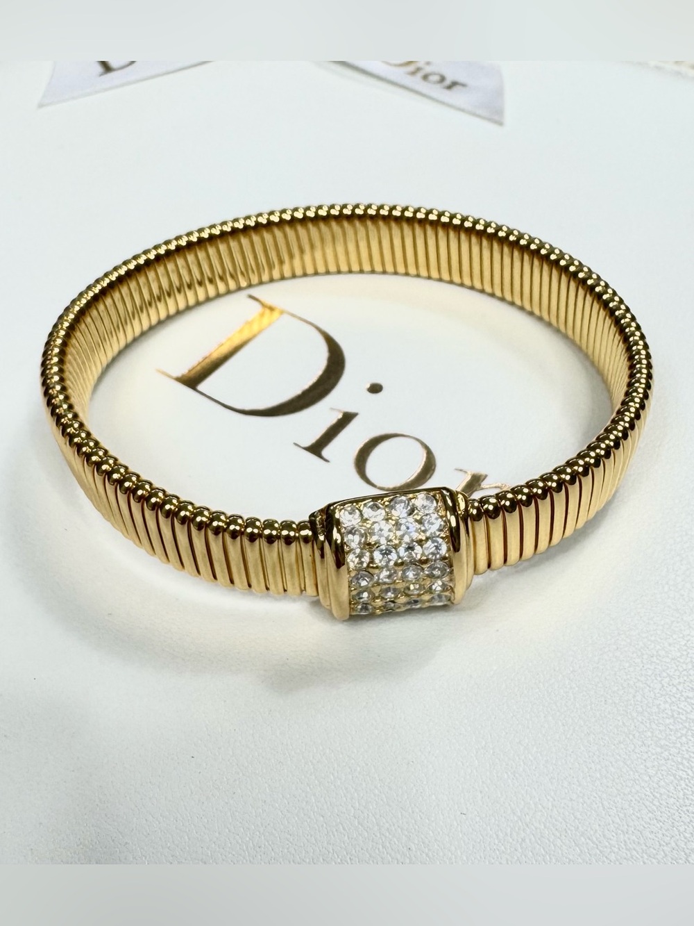 Vintage 90s Christian Dior Gold Tone Rhinestone Stretch Ribbed Bracelet